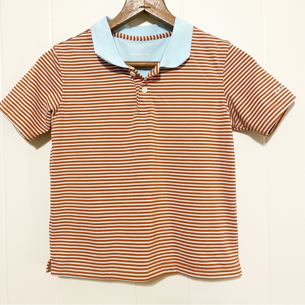 Properly Tied Boy's Sz 6 Dallas Polo Shirt S/S Orange Blue Striped Performance